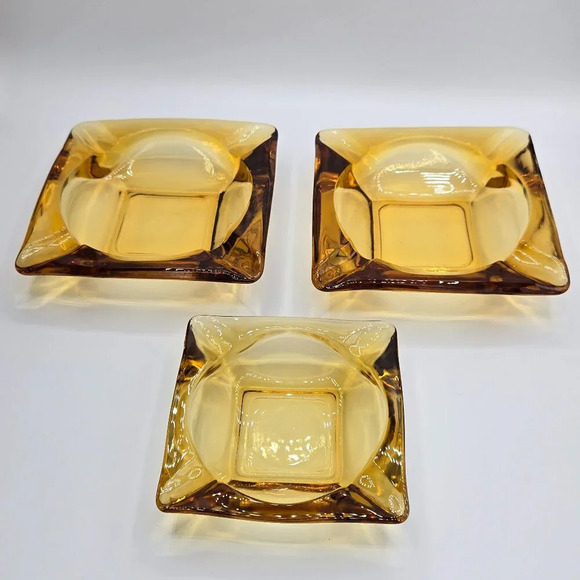Set of 3 Vintage 1970s Anchor Hocking Amber MCM Glass Square Tapered Ashtray - Picture 1 of 10
